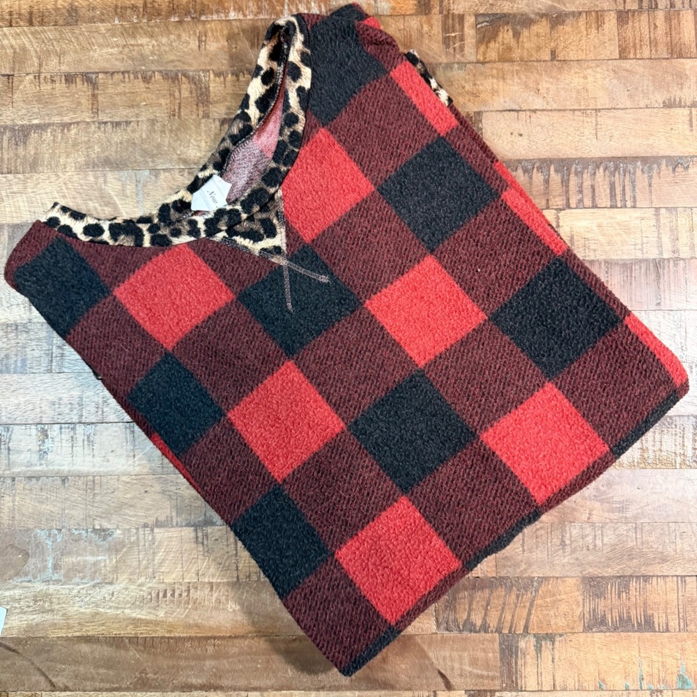 Now N Forever Red Black Buffalo Plaid Leopard Trim Tunic Top 3X T2709
